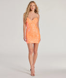 Make a bold statement in the Lilian Sequin Strapless Lace-Up Mini Dress in orange, the perfect spring dress for weddings, cocktail hours, nights out, and/or seasonal celebrations.