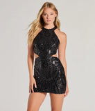 Turn heads in the beaming Avani Open Back Sequin Cutout Mini Dress, a stunning black sequin dress designed to add sparkle and elegance to your next night out or special occasion.