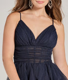 Revamp your 2025 wardrobe with this chic addition, the Leanna Ruffle Glitter Mesh Skater Dress in navy, perfect for elevating your style in the new year.