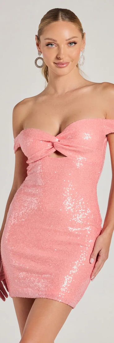 Turn heads in the beaming Vera Off-The-Shoulder Cutout Sequin Mini Dress, a stunning coral sequin dress designed to add sparkle and elegance to your next night out or special occasion.