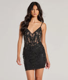 Jovie Sequin Glitter Sheer Mesh Mini Dress, a trendy black mini dress featuring modern details and a fresh seasonal hue, perfect for creating chic 2025 looks.