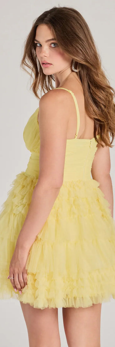 Revamp your 2025 wardrobe with this chic addition, the Katalina V-Neck Ruffle A-Line Party Dress in yellow, perfect for elevating your style in the new year.