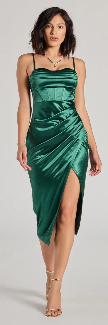 Revamp your 2025 wardrobe with this chic addition, the Myla Corset Satin Asymmetrical Midi Dress in hunter green, perfect for elevating your style in the new year.