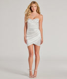Make a bold statement in the Jaylee Satin Strapless Wrap Bodycon Mini Dress in white, the perfect summer dress for weddings, cocktail hours, nights out, and/or seasonal celebrations.