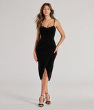 Own every entrance in the Christa Sleeveless Velvet Wrap Midi Dress, a black party dress perfect for milestone birthdays and grad parties, or dancing through summer nights and unforgettable bachelorette celebrations.