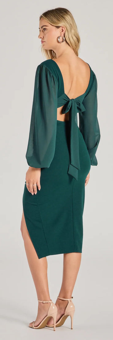 Own the evening in the Celeste Tie-Back Slit Crepe Midi Formal Dress in hunter green, a summer cocktail dress perfect for rooftop parties and stylish soirées.