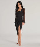 Revamp your 2025 wardrobe with this chic addition, the Celeste Tie-Back Slit Crepe Midi Formal Dress in black, perfect for elevating your style in the new year.
