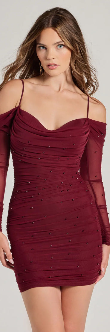 Steal the spotlight in the Talia Pearl Mesh Cold-Shoulder Mini Dress in burgundy, a fiery pick from the red homecoming dresses collection designed for bold entrances.