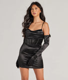 Step into seasonal chic with the Anastasia Corset Tulle Bow Satin Mini Dress With Gloves, a black mini dress featuring an above-the-knee cut ideal for cocktail parties, festive gatherings, or clubwear.