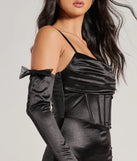 Revamp your 2025 wardrobe with this chic addition, the Anastasia Corset Tulle Bow Satin Mini Dress With Gloves in black, perfect for elevating your style in the new year.