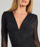 Aria Rhinestone Mesh Long Sleeve Mini Dress, a trendy black mini dress featuring modern details and a fresh seasonal hue, perfect for creating chic 2025 looks.