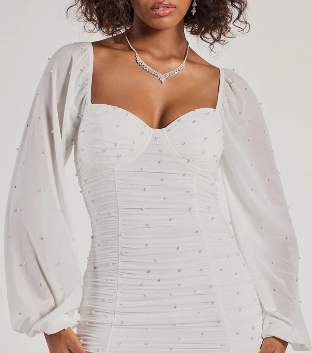 long sleeve pearl white dress Whitley Pearl Mesh Long Sleeve Mini Dress