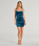 Make a bold statement in the Maxine Formal Velvet Bodycon Mini Dress in teal, the perfect green dress for weddings, cocktail hours, nights out, and/or seasonal celebrations.