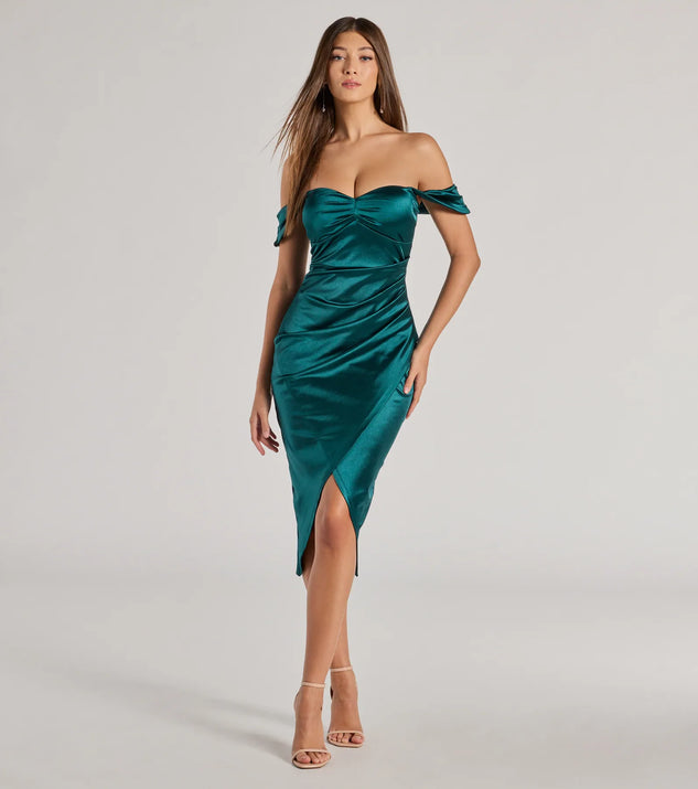 The Gaia Satin Off-The-Shoulder Wrap Midi Dress in hunter is a stunning green prom dress designed to capture attention with its fresh or bold color and effortlessly stylish silhouette.