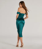Revamp your 2025 wardrobe with this chic addition, the Gaia Satin Off-The-Shoulder Wrap Midi Dress in hunter green, perfect for elevating your style in the new year.