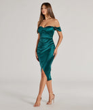 Make a bold statement in the Gaia Satin Off-The-Shoulder Wrap Midi Dress in hunter green, the perfect green dress for weddings, cocktail hours, nights out, and/or seasonal celebrations.
