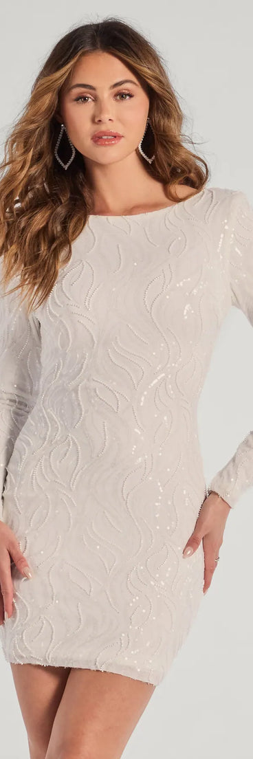 Own every entrance in the Brea Sequin Beaded Long Sleeve Cowl Back Mini Dress, a white party dress perfect for milestone birthdays and grad parties, or dancing through summer nights and unforgettable bachelorette celebrations.