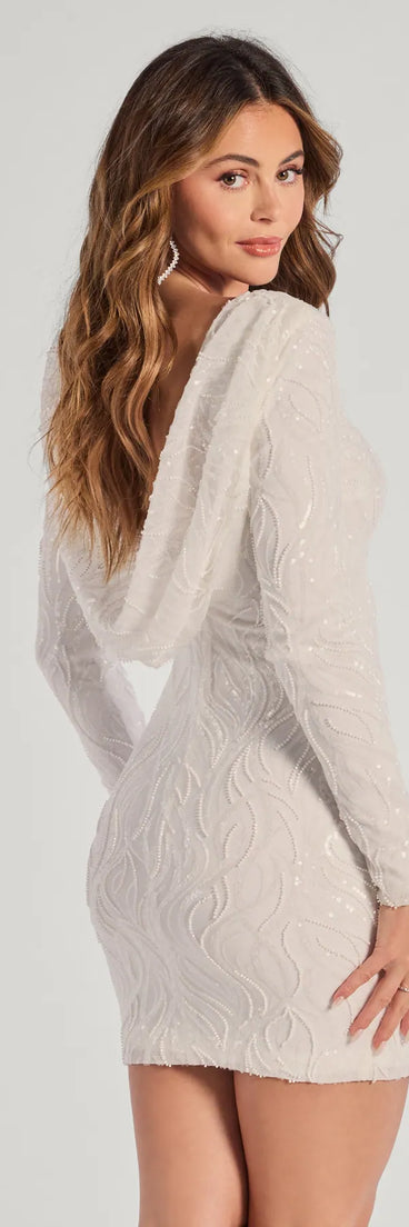 Brea Sequin Beaded Long Sleeve Cowl Back Mini Dress, a trendy white mini dress featuring modern details and a fresh seasonal hue, perfect for creating chic 2025 looks.