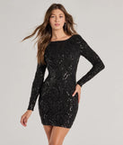 Brea Sequin Beaded Long Sleeve Cowl Back Mini Dress, a trendy black mini dress featuring modern details and a fresh seasonal hue, perfect for creating chic 2025 looks.