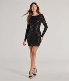 Make a bold statement in the Brea Sequin Beaded Long Sleeve Cowl Back Mini Dress in black, the perfect spring dress for weddings, cocktail hours, nights out, and/or seasonal celebrations.