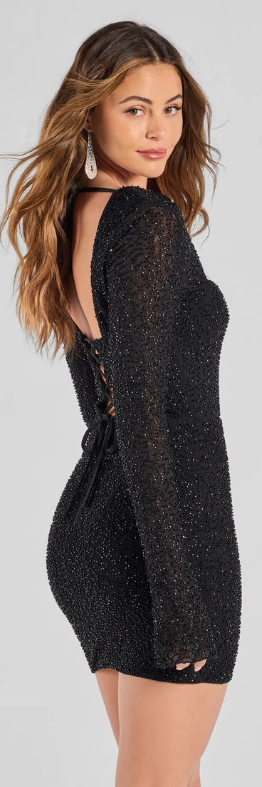 Shine with confidence, elegance, and standout style in the Breigh Beaded Lace-Up Mini Dress—a black graduation dress designed with a fresh silhouette and the latest trends.