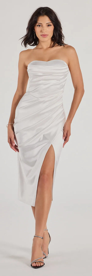 Step into milestone moments with the Kaleen Sleeveless Satin Wrap Midi Dress, a standout in white dresses perfect for bridal showers, anniversary celebrations, and 2025 grad looks.