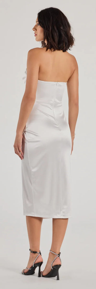 Own the spotlight in the Kaleen Sleeveless Satin Wrap Midi Dress, a white formal dress crafted to deliver luxe style for winter weddings, Military Balls, or any special event.