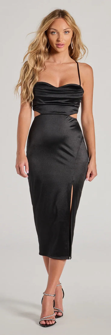The Leona Satin Lace-Up High Slit Midi Dress is a show-stopping black prom dress, offering a sleek, slimming silhouette that enhances your natural beauty for an unforgettable night.