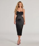 The Leona Satin Lace-Up High Slit Midi Dress is a show-stopping black prom dress, offering a sleek, slimming silhouette that enhances your natural beauty for an unforgettable night.