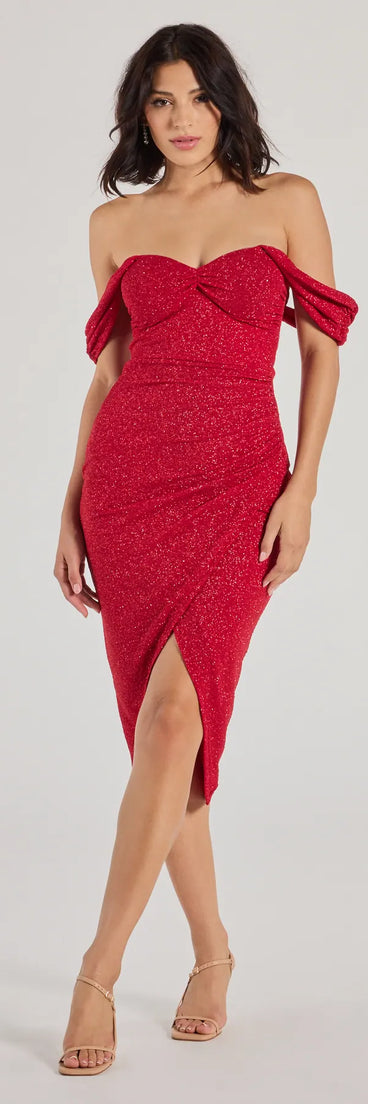 Feel instantly put-together in the Lennon Glitter Knit Off-The-Shoulder Midi Dress in red, a stylish wedding guest dress designed for confident style and all-out celebration.