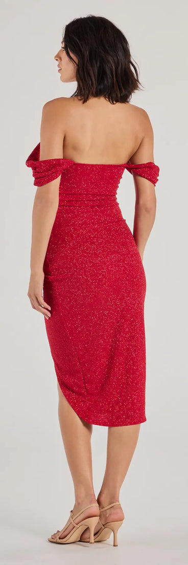 Flaunt your silhouette in the tight Lennon Glitter Knit Off-The-Shoulder Midi Dress in red, a bodycon dress that empowers your look with bold style and effortless edge.