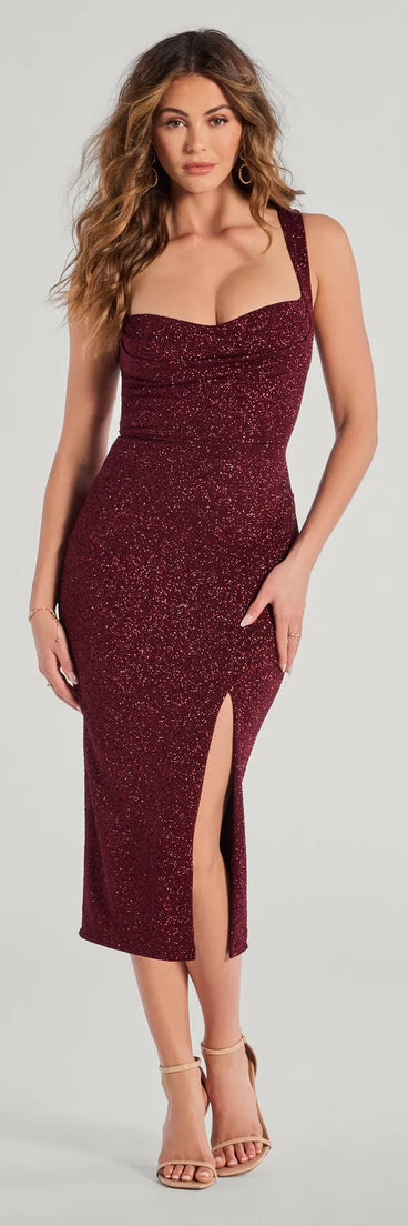 The Arlette Lace-Up High Slit Glitter Knit Midi Dress in wine is a modern red dress featuring trendy details and a stunning design ideal for wedding guest dresses, elegant cocktail looks, or an alluring birthday dress.