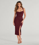 The Arlette Lace-Up High Slit Glitter Knit Midi Dress in wine is a modern red dress featuring trendy details and a stunning design ideal for wedding guest dresses, elegant cocktail looks, or an alluring Easter dress.