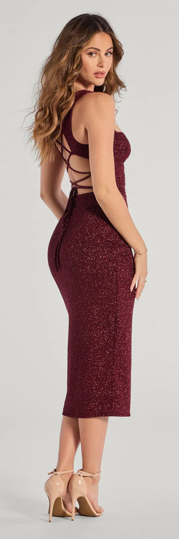 Arlette Lace-Up High Slit Glitter Knit Midi Dress in wine, a stylish red dress with a flattering fit and fabric that adds allure to your look, perfect for wedding guest attire, cocktail events, or making a bold statement on a date night.