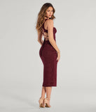 Arlette Lace-Up High Slit Glitter Knit Midi Dress in wine, a stylish red dress with a flattering fit and fabric that adds allure to your look, perfect for wedding guest attire, cocktail events, or making a bold statement on a date night.