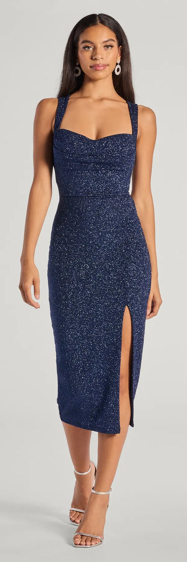 The Arlette Lace-Up High Slit Glitter Knit Midi Dress in luxe navy blue fabric, a stunning homecoming dress with statement details designed to make a bold impression at HOCO 2025.