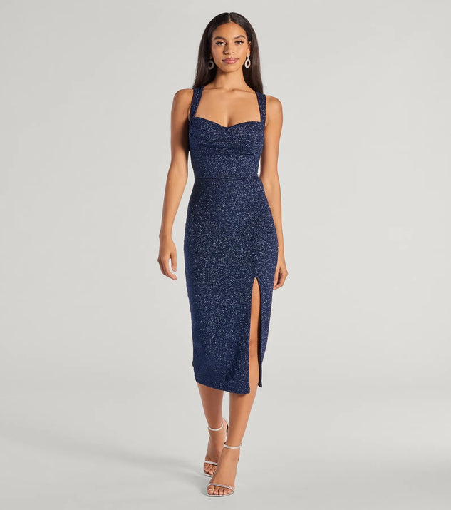 The Arlette Lace-Up High Slit Glitter Knit Midi Dress in luxe navy blue fabric, a stunning prom dress with statement details designed to make a bold impression at Prom 2025.