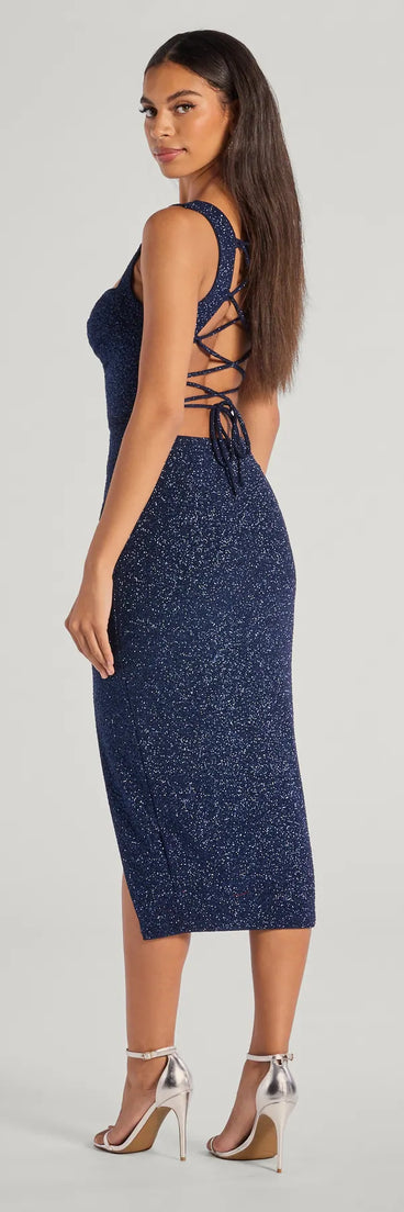 Own the evening in the Arlette Lace-Up High Slit Glitter Knit Midi Dress in navy blue, a sultry cocktail dress perfect for rooftop parties and stylish soirées.