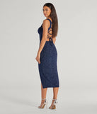 Step into the Prom 2025 dance in the Arlette Lace-Up High Slit Glitter Knit Midi Dress in navy, a stunning blue prom dress designed to complement any theme with its timeless allure and statement-making style.