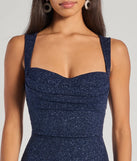 The Arlette Lace-Up High Slit Glitter Knit Midi Dress in luxe navy blue fabric, a stunning prom dress with statement details designed to make a bold impression at Prom 2025.