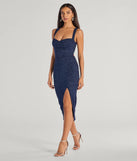 The Arlette Lace-Up High Slit Glitter Knit Midi Dress in luxe navy blue fabric, a stunning prom dress with statement details designed to make a bold impression at Prom 2025.