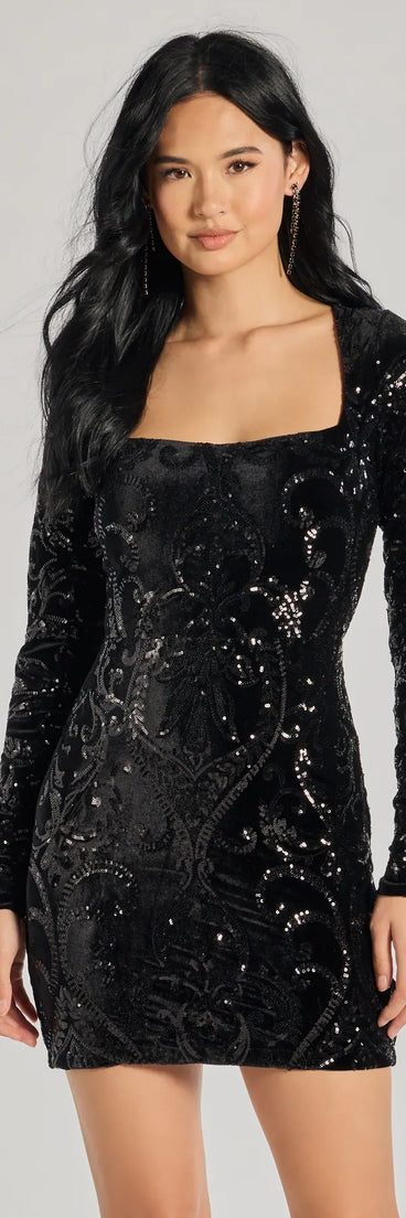 Ayden Long Sleeve Velvet Sequin Mini Dress, a trendy black mini dress featuring modern details and a fresh seasonal hue, perfect for creating chic 2025 looks.