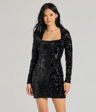 Ayden Long Sleeve Velvet Sequin Mini Dress, a trendy black mini dress featuring modern details and a fresh seasonal hue, perfect for creating chic 2025 looks.