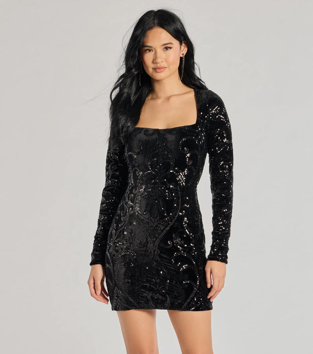 Ayden Long Sleeve Velvet Sequin Mini Dress, a trendy black mini dress featuring modern details and a fresh seasonal hue, perfect for creating chic 2025 looks.
