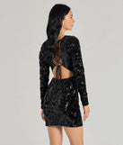 Own every entrance in the Ayden Long Sleeve Velvet Sequin Mini Dress, a black party dress perfect for milestone birthdays and grad parties, or dancing through summer nights and unforgettable bachelorette celebrations.