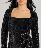 Ayden Long Sleeve Velvet Sequin Mini Dress, a trendy black mini dress featuring modern details and a fresh seasonal hue, perfect for creating chic 2025 looks.