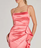 Make a bold statement in the Josie Ruffle Detail Satin Mini Dress in coral, the perfect summer dress for weddings, cocktail hours, nights out, and/or seasonal celebrations.