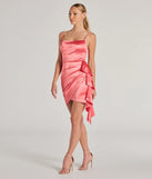 Own the evening in the Josie Ruffle Detail Satin Mini Dress in coral, a summer cocktail dress perfect for rooftop parties and stylish soirées.