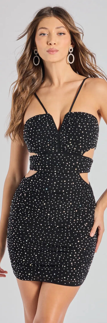 Feel ready for every dance floor moment or feed-worthy reel in the Mary Halter Cutout Rhinestone Mini Dress, a black homecoming dress designed to own your moment.