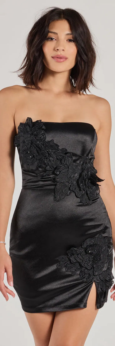 Meriah Floral Applique Satin Strapless Mini Dress, a trendy black mini dress featuring modern details and a fresh seasonal hue, perfect for creating chic 2025 looks.